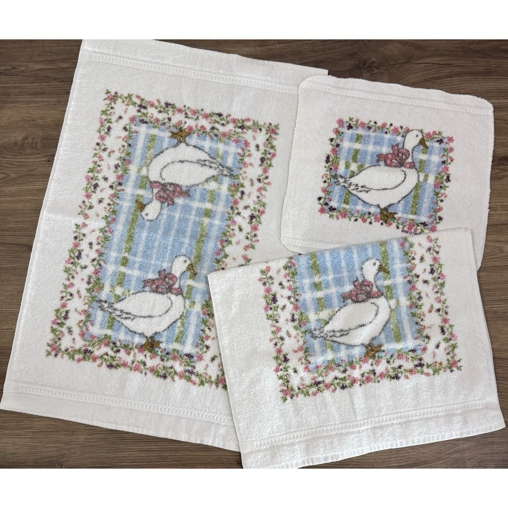 Vintage RA Briggs Goose Towel Set 3 Floral Gingham Cottagecore Wash Hand Towels